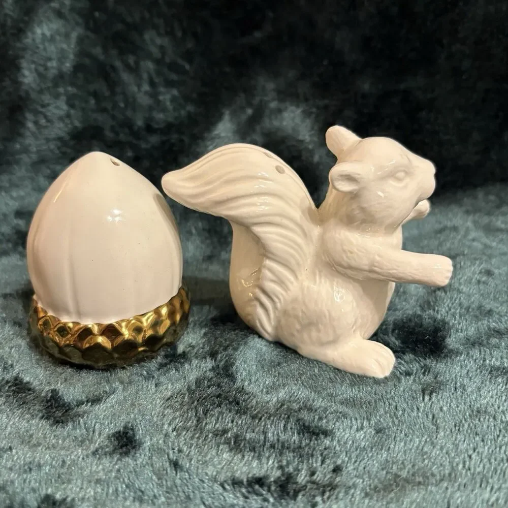 Ceramic Squirrel And Acorn White And Gold Salt And Pepper Shakers